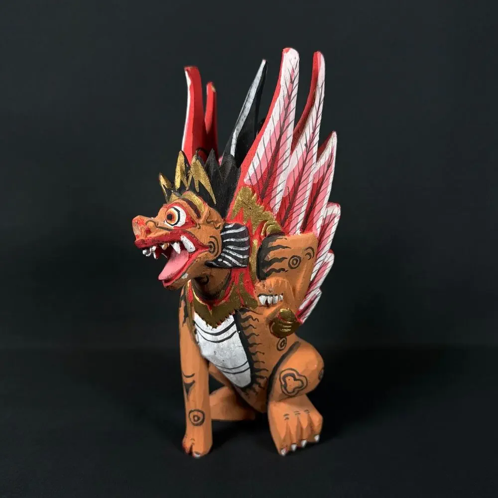 Winged Lion Statue Wood Carving Sculpture Bali Art 7.5